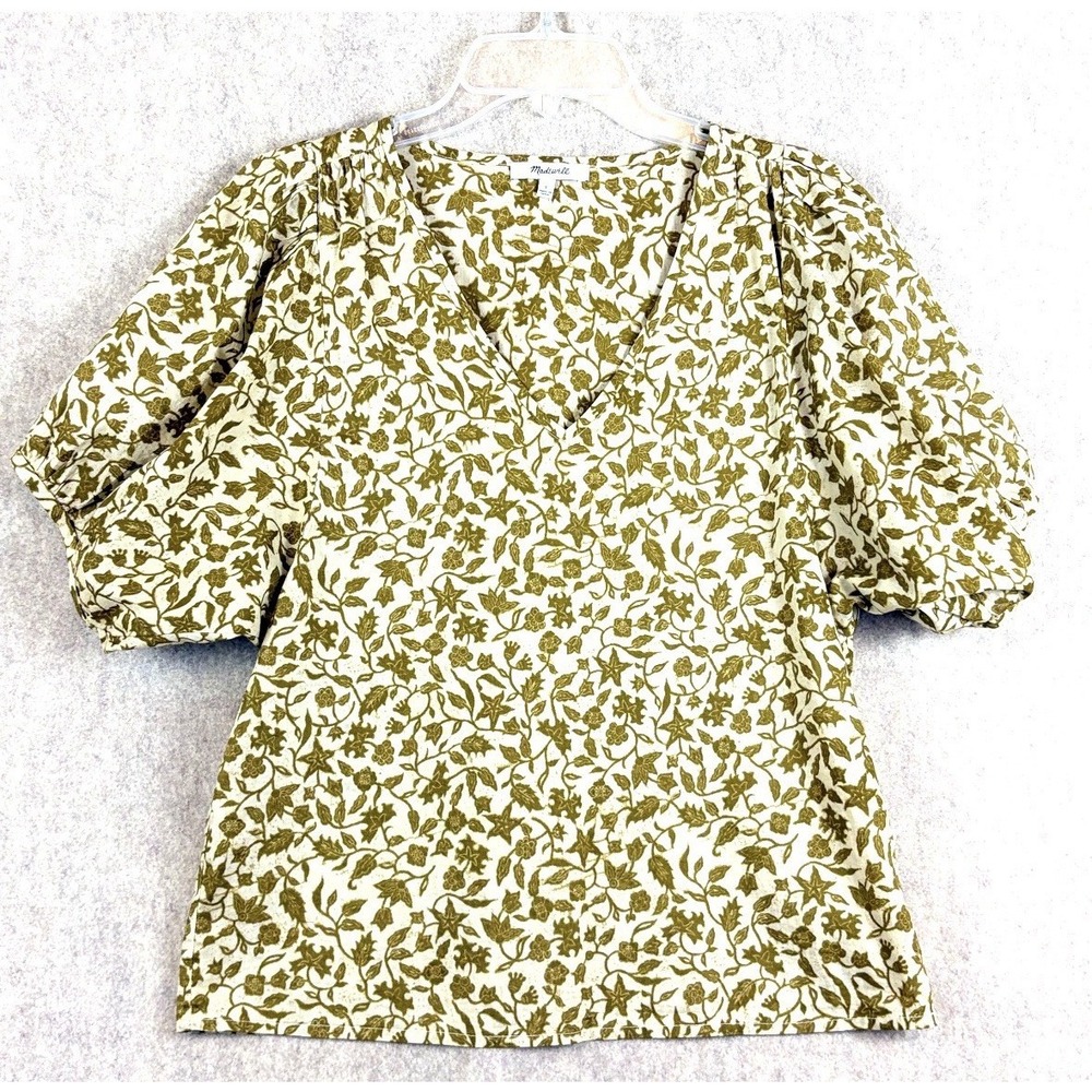 Madewell Batik Vine Floral Blouse Small Puff Sleeve V Neck 100% Cotton Boho - Picture 2 of 11